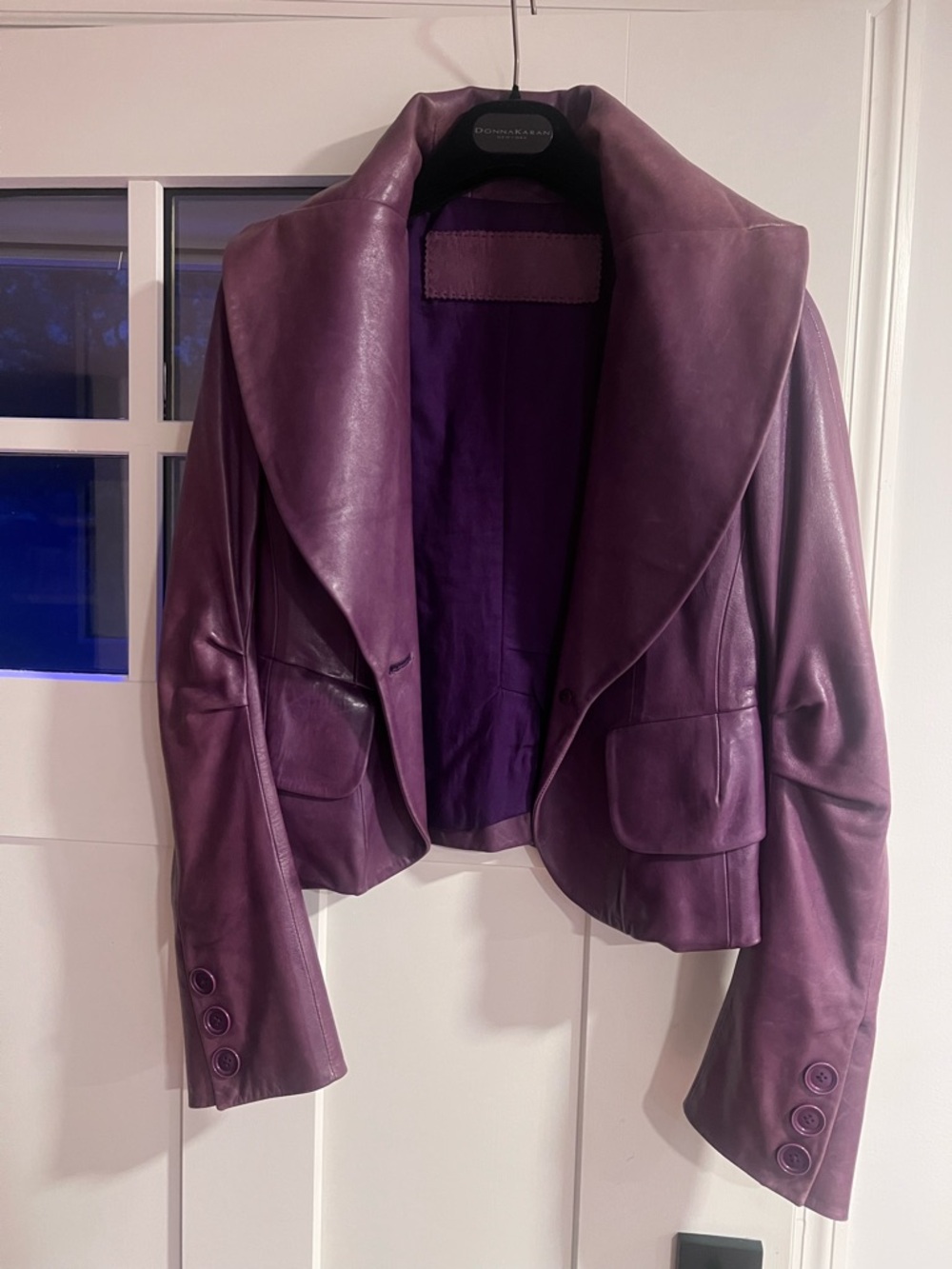 Vintage Donna Karan Collection Plum Purple Lambskin Leather Draped Collar Jacket